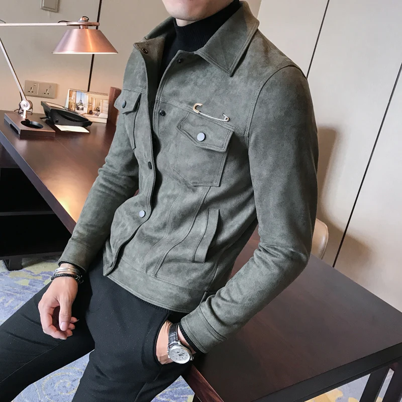 2020 Fall Winter Men's Bomber Jacket Lapel Casual British Style Slim Fit Single-breasted Suede Outerwear Windbreaker Top | Мужская