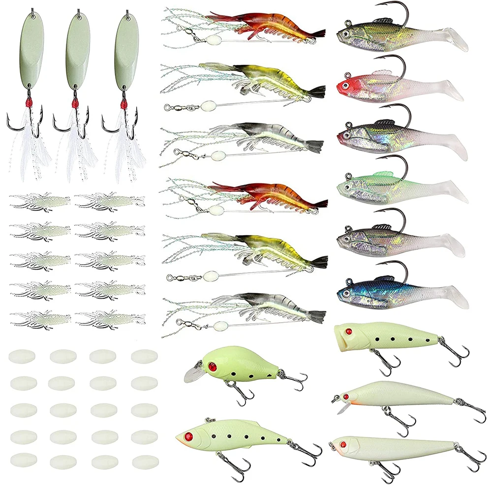 60pcs Luminous Fishing Lure Kit Include Glow Hard Lures Soft Shrimp jig Spoons lure Soft Silicone lure Noctilucent fishing beads
60pcs Luminous Fishing Lure Kit Include Glow Hard Lures Soft Shrimp jig Spoons lure Soft Silicone lure Noctilucent fishing beads