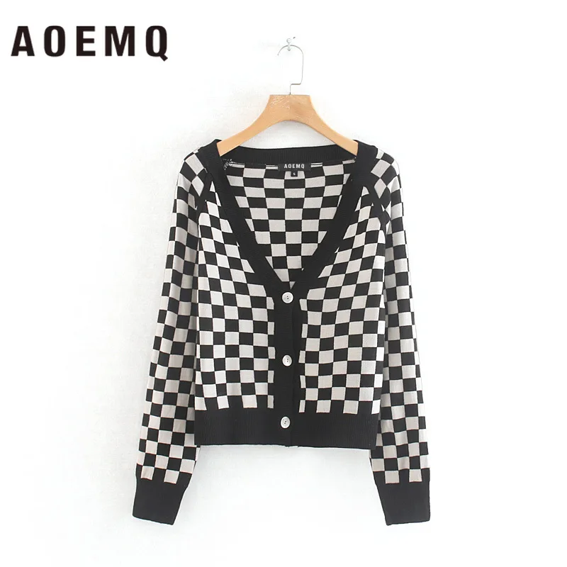 AOEMQ зимняя теплая одежда свитер волшебный модный кардиган черно-белые клетчатые