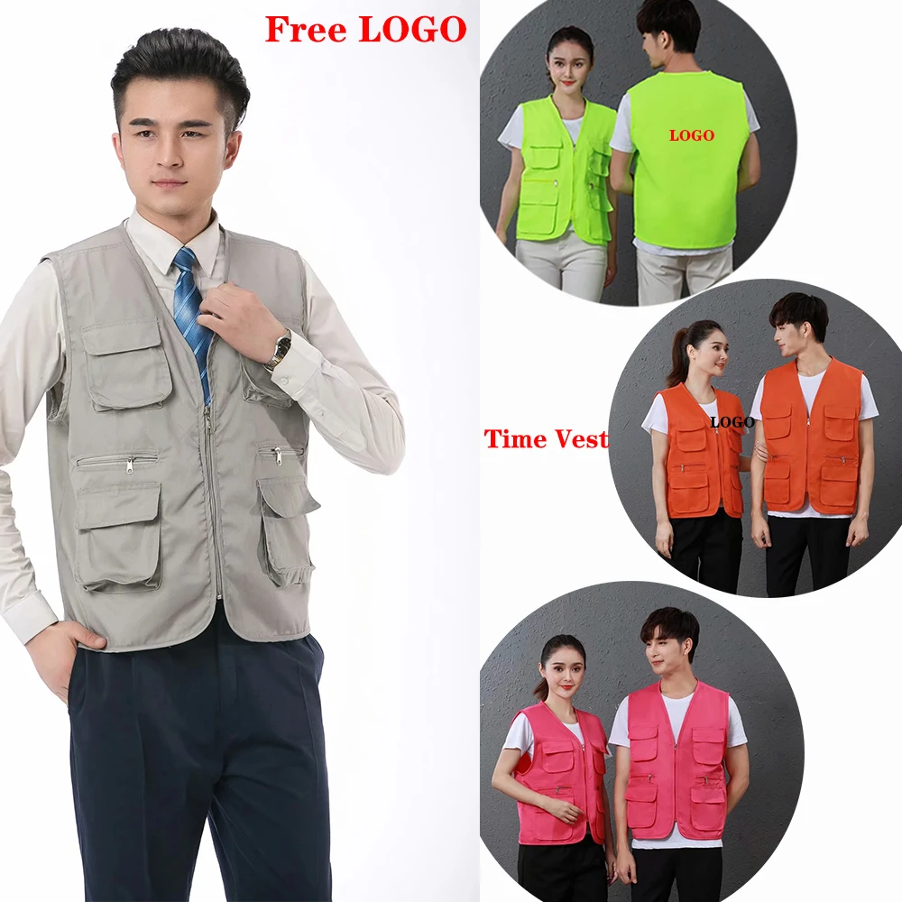 

Men Women Outdoor 3D Multi-Pocket Vest Advertising Volunteer Group Activities Overalls V-Neck Vest With Zipper Jacket