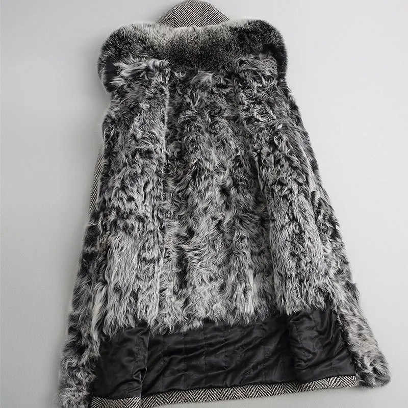 Пальто женское из натуральной шерсти ягненка длинное теплое с капюшоном лисьего