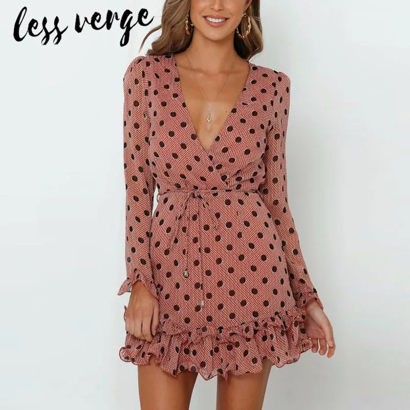 Lessverge Ruffle long sleeve chiffon polka dot dress Women autumn winter elegant plaid dress V neck bandage boho dress sexy
Lessverge Ruffle long sleeve chiffon polka dot dress Women autumn winter elegant plaid dress V neck bandage boho dress sexy