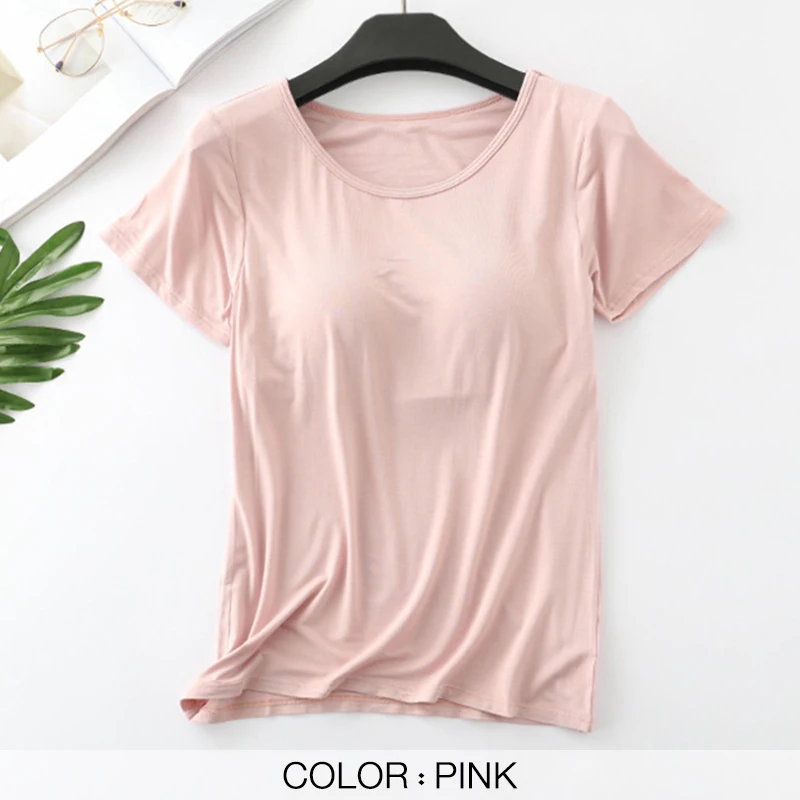 Women's T-Shirts Built-in Bra Padded Tshirts Tops For Women Push-Up Stretchable Modal Short Sleeve Sexy Casual