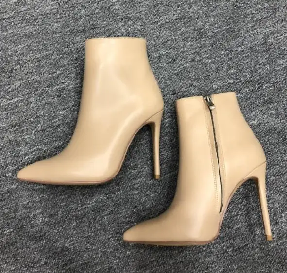 

2021 New Women's Genuine Leather Boots Nude White Color All Matching Autumn Winter Ankle Boots Thin High Heel Pointed Toe Shoes