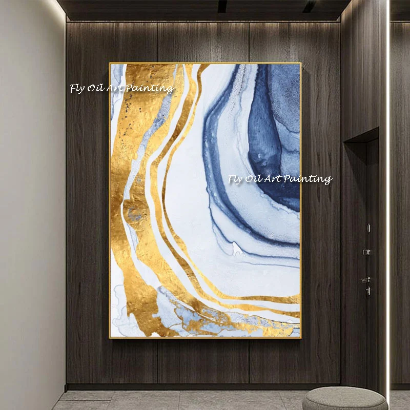 

Large Size Hand painted Gold Foil Blue Ocean Sea Oil painting Modern Art Abstract wall Wall Entrance Living Dining Room decora