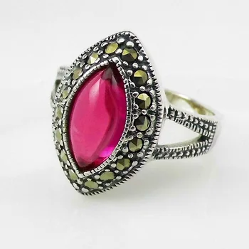 

FNJ Red Corundum Rings 925 Silver Original S925 Thai Silver Ring for Women Jewelry MARCASITE