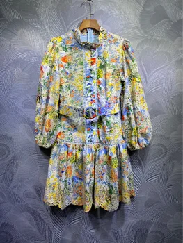 high quality embroidery hollow out floral printed mini dress 2020 runway summer fall women long lantern sleeve dresses y326 
high quality embroidery hollow out floral printed mini dress 2020 runway summer fall women long lantern sleeve dresses y326