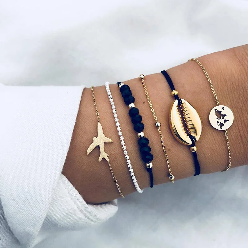 6 Pcs/Set Charm Gold Bracelets Sets Shell Airplane World Map Bead Chain Black Beads Rope Bracelet for Women Wedding Gift Jewelry
6 Pcs/Set Charm Gold Bracelets Sets Shell Airplane World Map Bead Chain Black Beads Rope Bracelet for Women Wedding Gift Jewelry