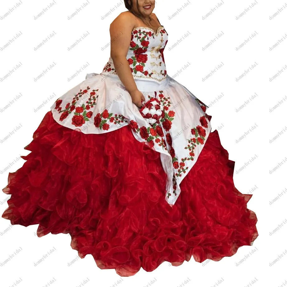 

2023 Modern Red and White Sweetheart Plus size Ball Gown Floral Printed Sweet 15 16 Quinceanera Dresses Ruffles Organza Satin