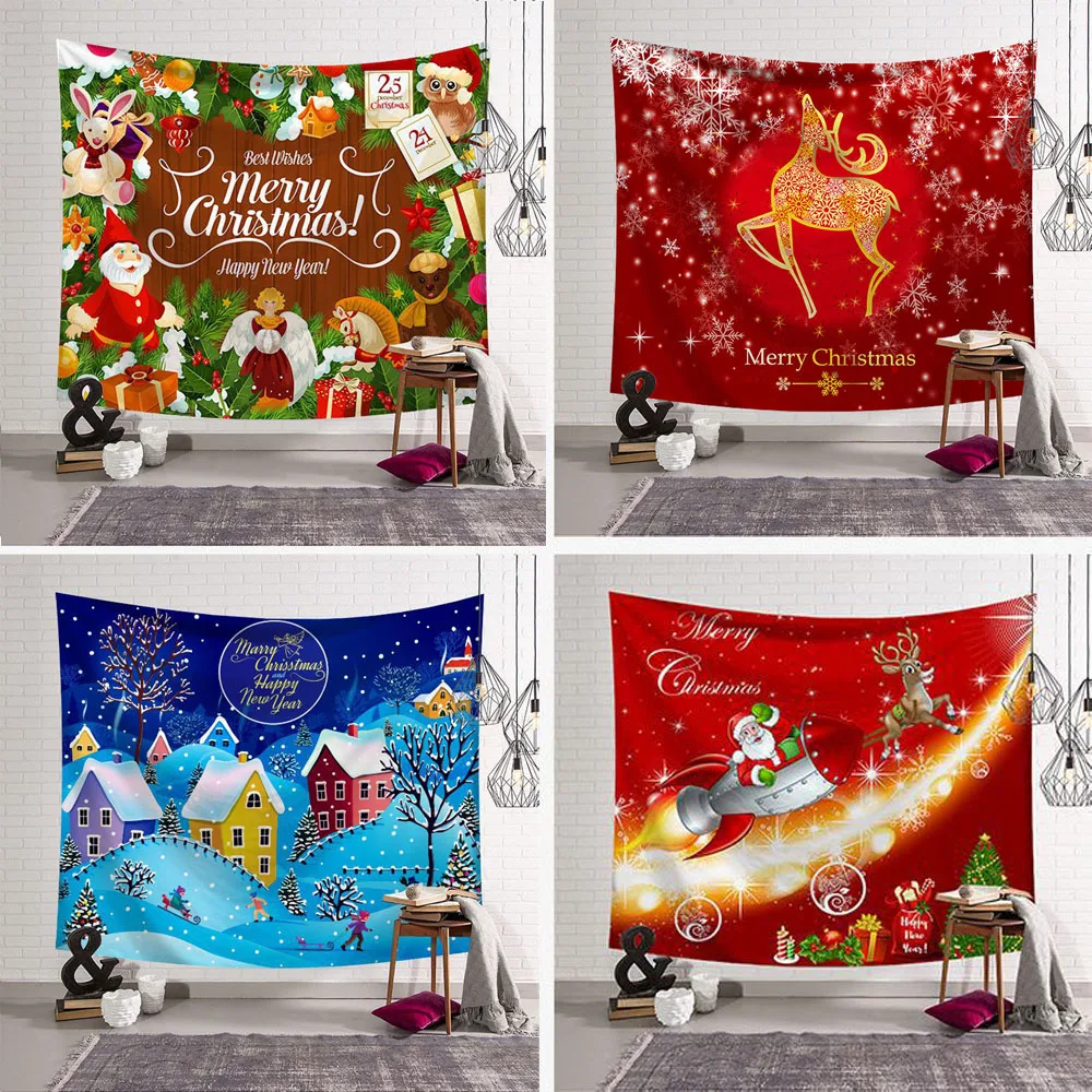 

Merry Christmas Santa Tree Elk Snowman Claus Wall Hanging Tapestry Cloth Home Yoga Mat Rug Corridor Bedroom Living Room Decor