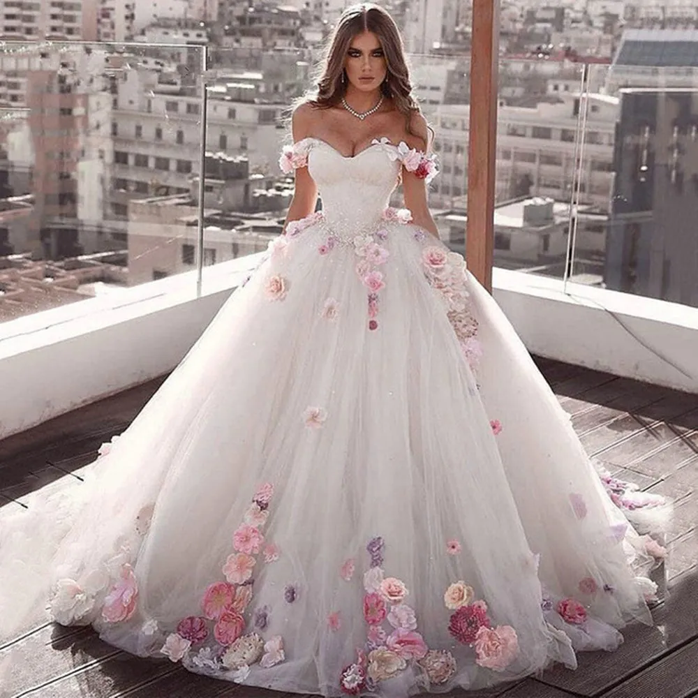 

Ball Gown Wedding Dresses 2020 Sweetheart Off Shoulder Pink Flower Bridal Gown Sweep Train Plus Size robe de soirÃ©e de mariage