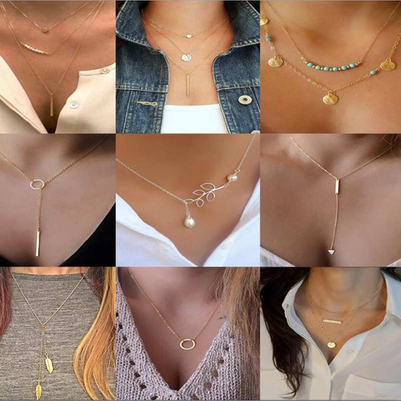 1PC Hot Sale Necklace Alloy Multilayer Metal Strip Geometric Triangle Short Clavicle Chain Necklaces Fashion Women Jewelry | Украшения и