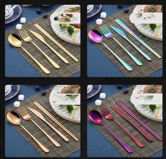 

Набор столовых приборов из нержавеющей стали с длинной ручкой, корейский стиль, нож, вилка, ложка, палочки для еды, разноцветные столовые приборы, свадебные аксессуары для кухни