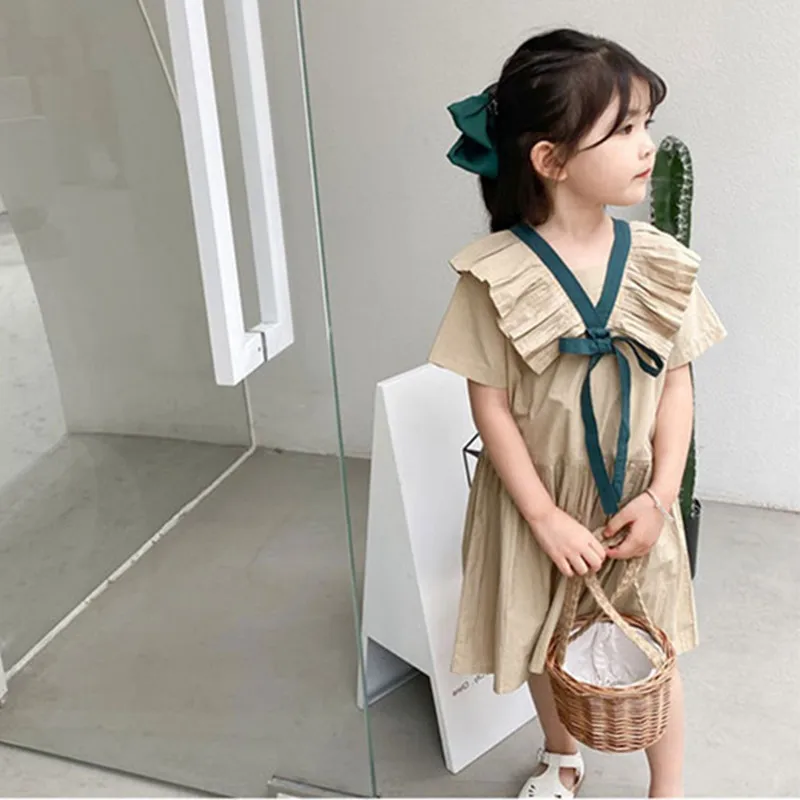 

Toddler Clothes Girls Khaki Short Sleeve Summer Dress Korean Style 100% Cotton V-neck Pleated Princess Dress Preppy Style Dress