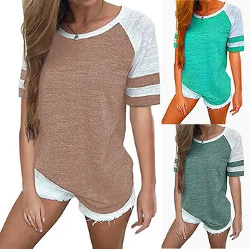 Summer contrast color loose short-sleeved t-shirt tops women 
Summer contrast color loose short-sleeved t-shirt tops women