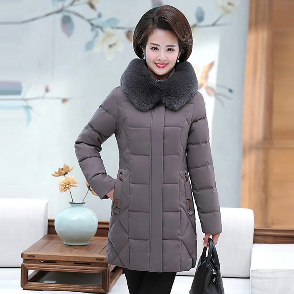 Fashion Middle-aged Women Parkas Winter Thick Warm Hooded Coat Jacket Long Fur Collar Cotton Jacket Coat Plus Size 5XL Outwear 
Fashion Middle-aged Women Parkas Winter Thick Warm Hooded Coat Jacket Long Fur Collar Cotton Jacket Coat Plus Size 5XL Outwear