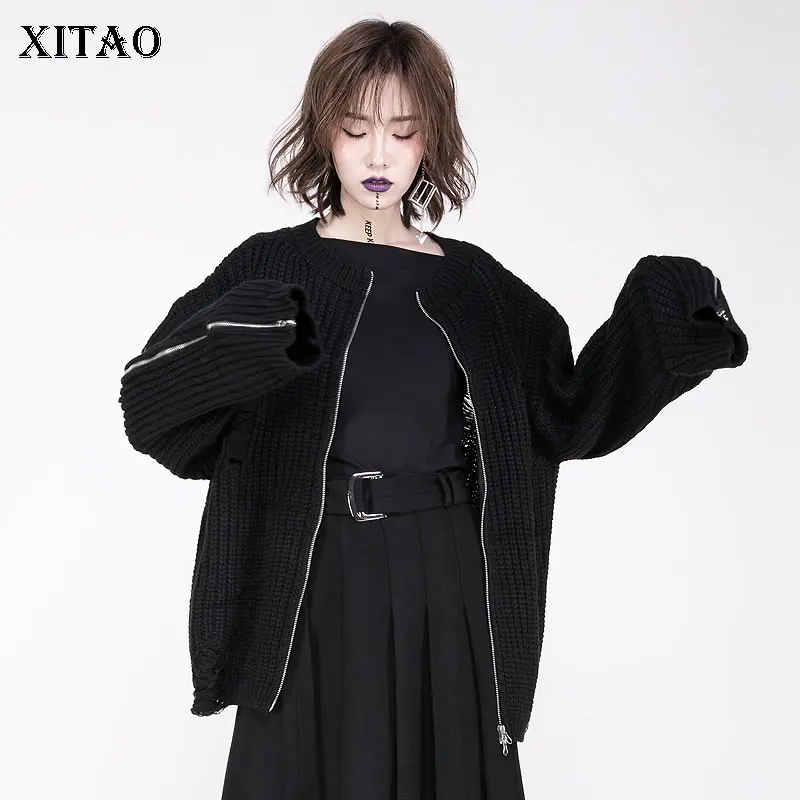 XITAO Винтаж Панк стиль черный вязаный Топ Женская одежда 2019 Мода Молния отверстие