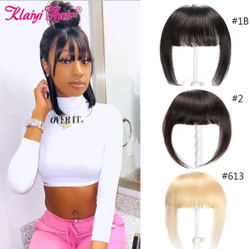 

Klaiyi Hair Straight Blunt Bangs Black/ Brown/ 613 Blonde Clip In Bangs Hair Extension Remy Clip-In Fringe Hair Neat Bangs