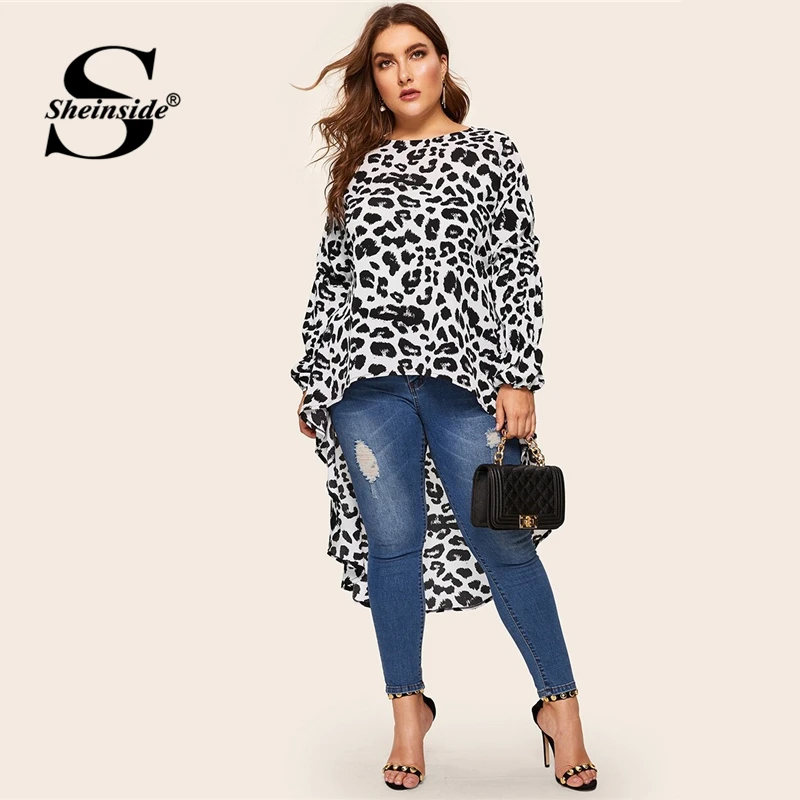 

Sheinside Plus Size Casual Leopard Print Blouse Women 2019 Autumn Asymmetrical Dip Hem Blouses Ladies Longline Top