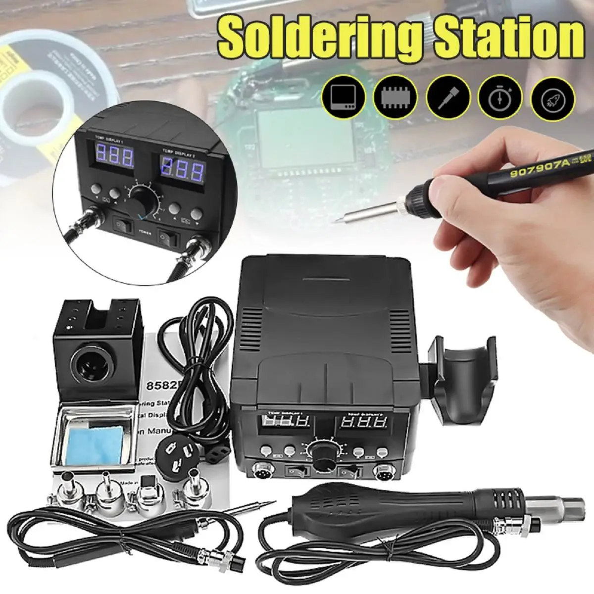 750W 2 In 1 LED Double Digital Display Soldering Station Hot Air Guns Rework Station Electric Soldering Iron Welding Table Set
750W 2 In 1 LED Double Digital Display Soldering Station Hot Air Guns Rework Station Electric Soldering Iron Welding Table Set