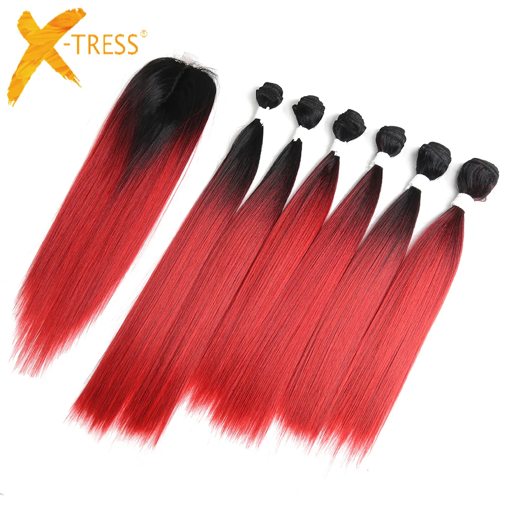 Yaki Straight Synthetic Hair Bundles With Closure 14-18inch X-TRESS High Temperature Fiber Ombre Red Color Bundle Hair Weaving
Yaki Straight Synthetic Hair Bundles With Closure 14-18inch X-TRESS High Temperature Fiber Ombre Red Color Bundle Hair Weaving