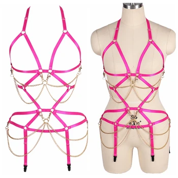 

Gold Metal Chain Full Body Harness Bra Set Pastel Goth Sexy Lingerie Garter Belt Cage Top Strappy Bondage Pole Dance Rave Adjust