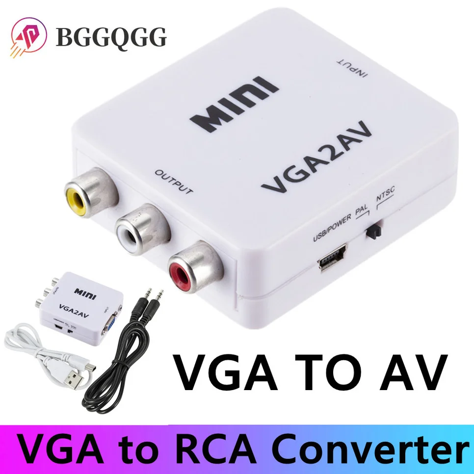 

BGGQGG 1080P Mini VGA to RCA 3.5mm AV Video converter adapter with VGA 2AV / CVBS Audio + Audio converter for PC HDTV