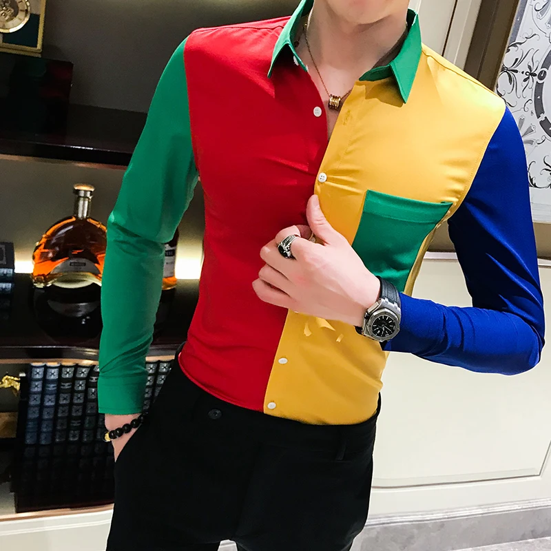 Sharp Contrast Multi Color Shirt Long Sleeve Hit Color Split Joint Patwork Shirt Club Prom Slim Fit Chemise Homme Manche Longue
Sharp Contrast Multi Color Shirt Long Sleeve Hit Color Split Joint Patwork Shirt Club Prom Slim Fit Chemise Homme Manche Longue