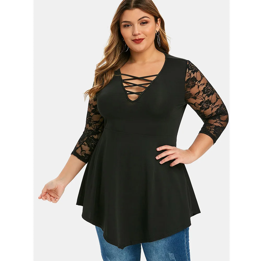 

ROSEGAL Plus Size Low Cut Lace Sleeve Criss Cross Peplum T-shirt Women Plunging Neckline Insert Solid Tees Sexy V-neck Tops 5XL