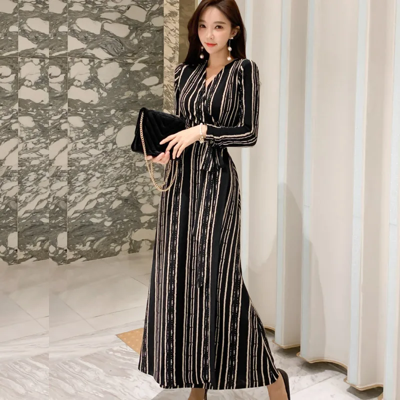 2020 Spring Clothing New Style Retro Elegant V-neck Lace-up Waist Hugging Slim Fit Wrap Long Skirts Stripes Slimming Dress Women
2020 Spring Clothing New Style Retro Elegant V-neck Lace-up Waist Hugging Slim Fit Wrap Long Skirts Stripes Slimming Dress Women