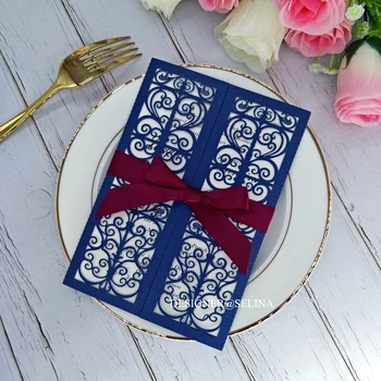 50PC Navy Blue Gate Open Laser Cut Wedding Invitation with Burgundy Ribbon Elegant Hollow Customized Print Graduation Invites
50PC Navy Blue Gate Open Laser Cut Wedding Invitation with Burgundy Ribbon Elegant Hollow Customized Print Graduation Invites