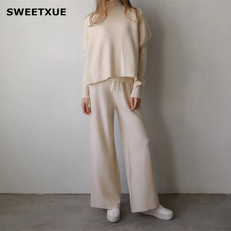 SWEETXUE Autumn Winter Knit Suit Solid Color Bottoming Sweater + High Collar Bat Sleeve Vest + Wide Leg Pants Casual 3 Piece Set
SWEETXUE Autumn Winter Knit Suit Solid Color Bottoming Sweater + High Collar Bat Sleeve Vest + Wide Leg Pants Casual 3 Piece Set