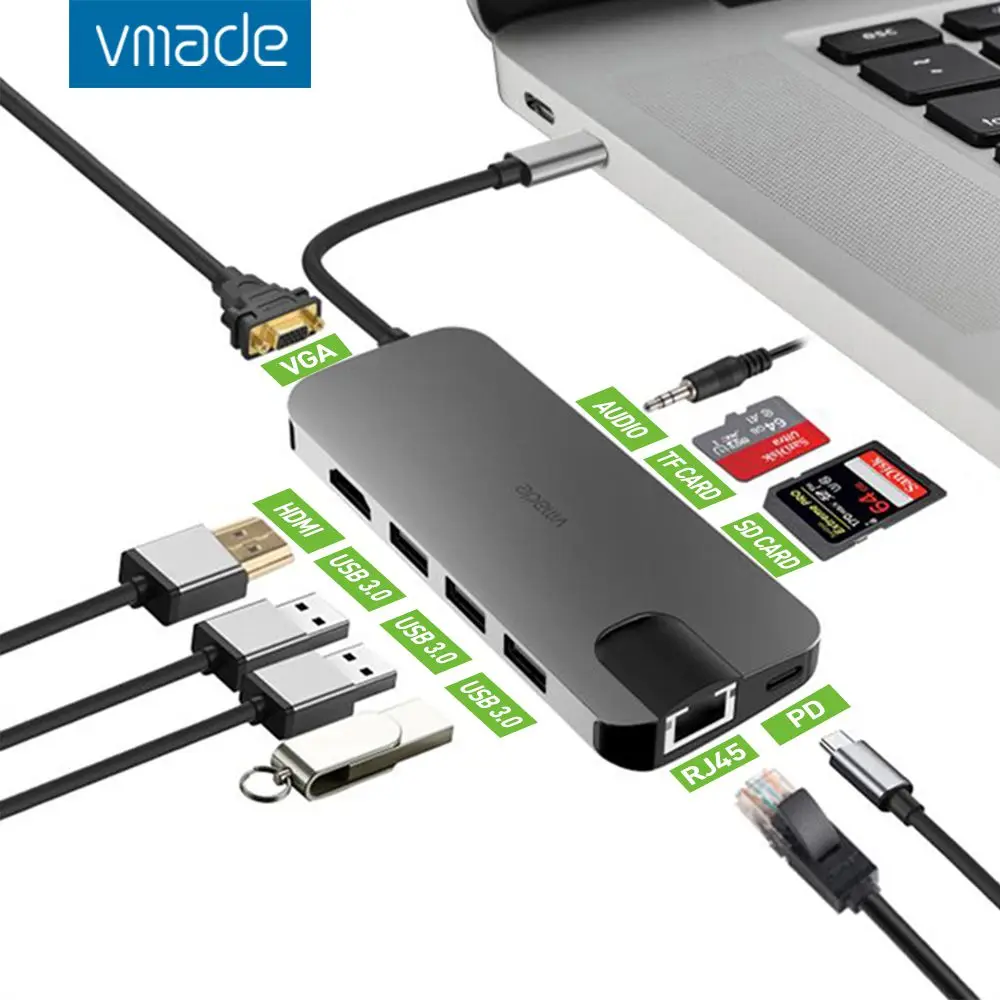 Vmade 10 in 1 USB C HUB Type c to 4K HDMI RJ45 VGA USB 3.0 HUB Dock Splitter Port for MacBook Pro Huawei Mate 30 Type C HUB
Vmade 10 in 1 USB C HUB Type c to 4K HDMI RJ45 VGA USB 3.0 HUB Dock Splitter Port for MacBook Pro Huawei Mate 30 Type C HUB