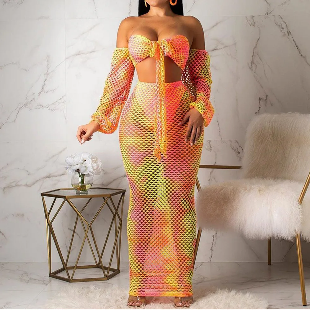 Tie Dye Fishnet Sheer Two Piece Set Neon Orange Green Women sexy Strapless Long Sleeve Top And Long Skirt Set Matching Sets
Tie Dye Fishnet Sheer Two Piece Set Neon Orange Green Women sexy Strapless Long Sleeve Top And Long Skirt Set Matching Sets