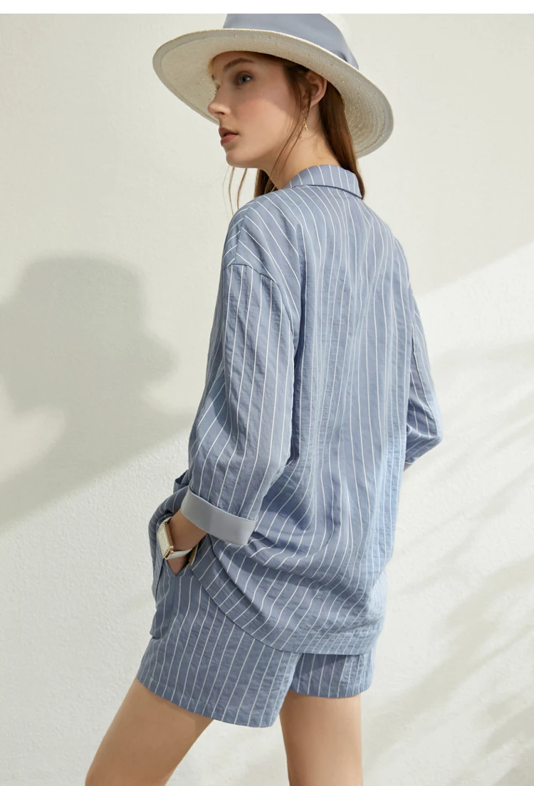 AMII Minimalism Spring Summer Suit Set Lapel Stripe Three Quarter Sleeves Suit Coat High Waist Shorts 12030238