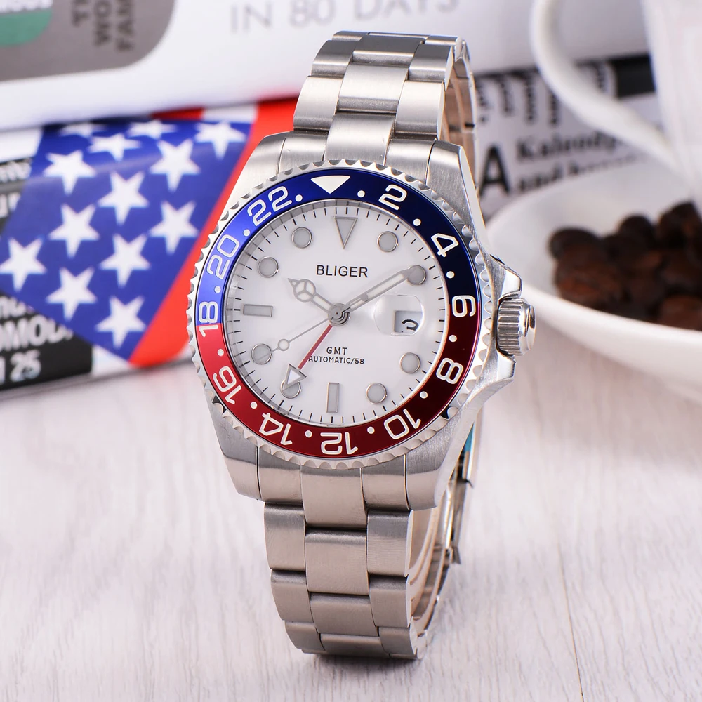 BLIGER New 40mm Mens White Dial Blue-red Spin bezel GMT Automatic mechanical Watch Auto Date super luminous waterproof watch men
BLIGER New 40mm Mens White Dial Blue-red Spin bezel GMT Automatic mechanical Watch Auto Date super luminous waterproof watch men
