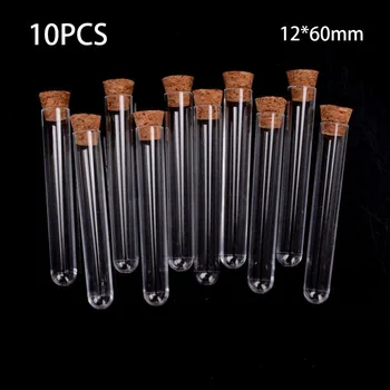 

10 Pcs 12*60mm Transparent Plastic Round Bottom Test Tube With Cork Stoppers Empty Scented tea Tubes School Laboratory Supplies
