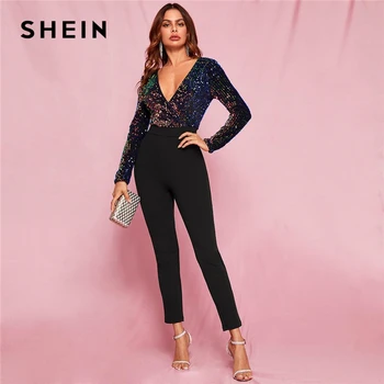 

SHEIN Black Glamorous Zip Back Plunge Neck Sequin Skinny Combo Jumpsuit Women Spring Colorblock Wrap High Waist Sexy Jumpsuits