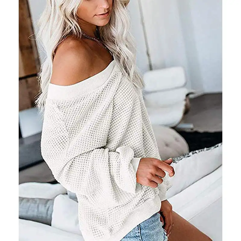 Women Long Sleeve Waffle Knit Tops Off Shoulder Pullover Sweater Top 3