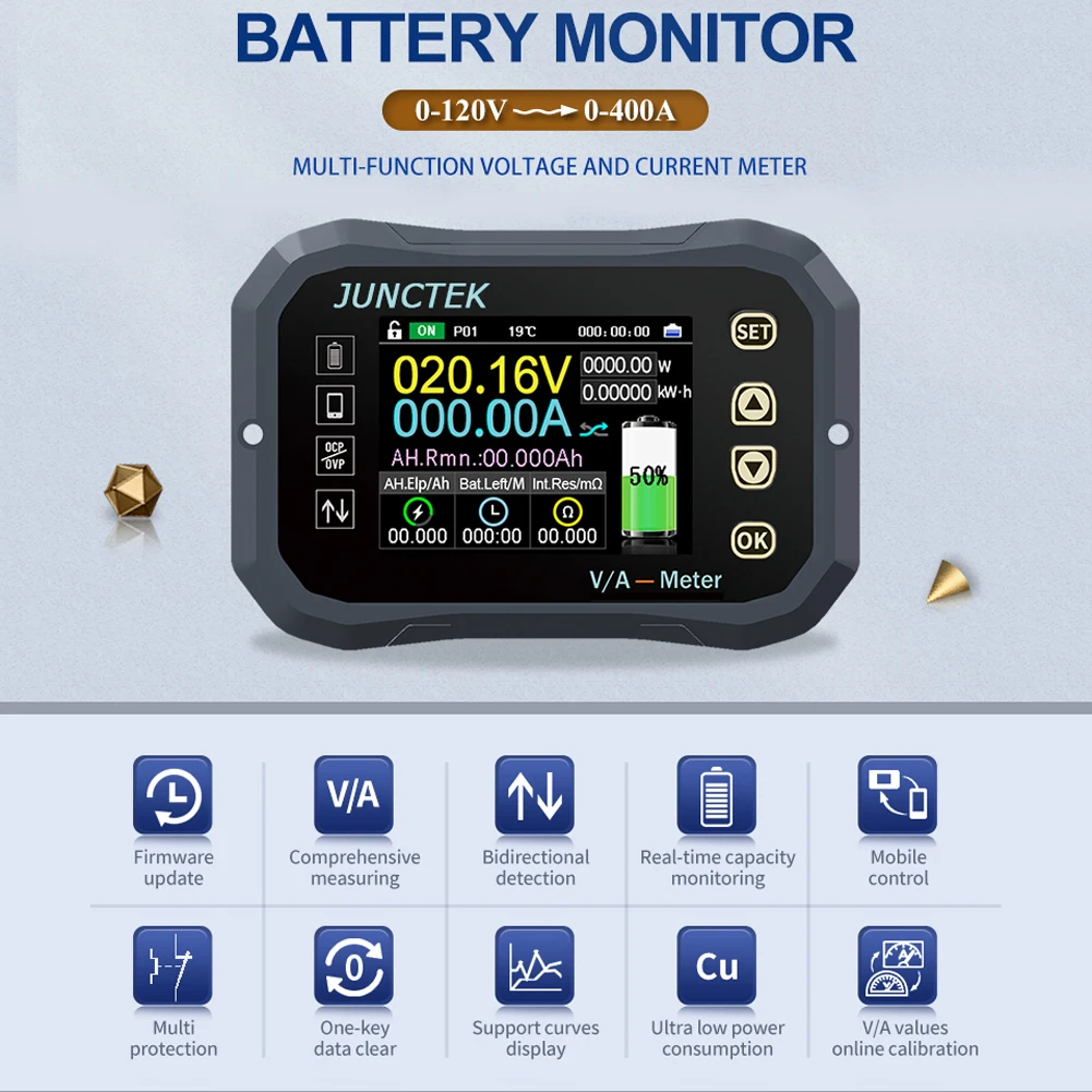 JUNTEK DC 0-120V 0-400A KG140F 2.4 Inch TFT Color Screen BT Connection Battery Coulometer Monitor Check Voltage Current | Инструменты