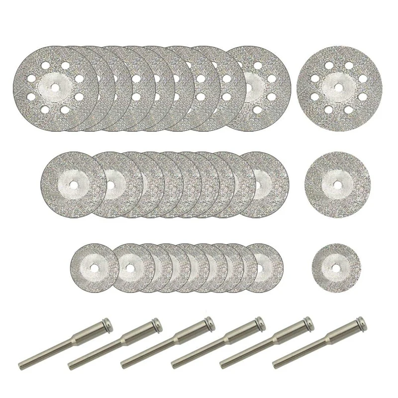 30 Pcs Diamond Cutting Wheel (25Mm/20Mm/16Mm Each 10), Diamond Coated Cutting Wheel and 6Pcs 3Mm Mandrel for Rotary Tool
30 Pcs Diamond Cutting Wheel (25Mm/20Mm/16Mm Each 10), Diamond Coated Cutting Wheel and 6Pcs 3Mm Mandrel for Rotary Tool