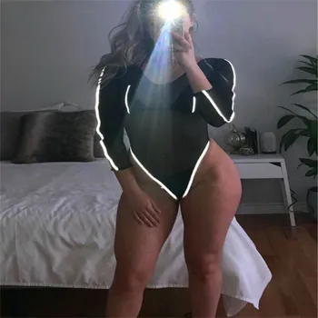 Sexy Women elastic Mesh Long Sleeves Bodysuit Leotard Jumpsuit Clubwear Fluorescent strip perspective mesh Lady Sexy Bodycon