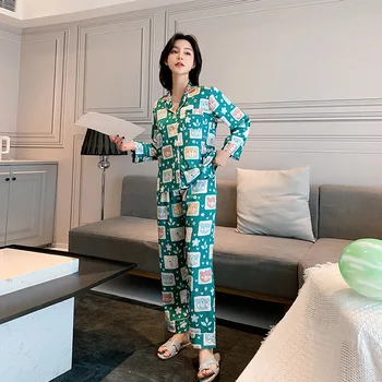Fiklyc Spring And Summer New Ladies Simulation Silk Pajamas Lapel Casual Silk Home Service Long Sleeve Trousers Two-Piece
Fiklyc Spring And Summer New Ladies Simulation Silk Pajamas Lapel Casual Silk Home Service Long Sleeve Trousers Two-Piece