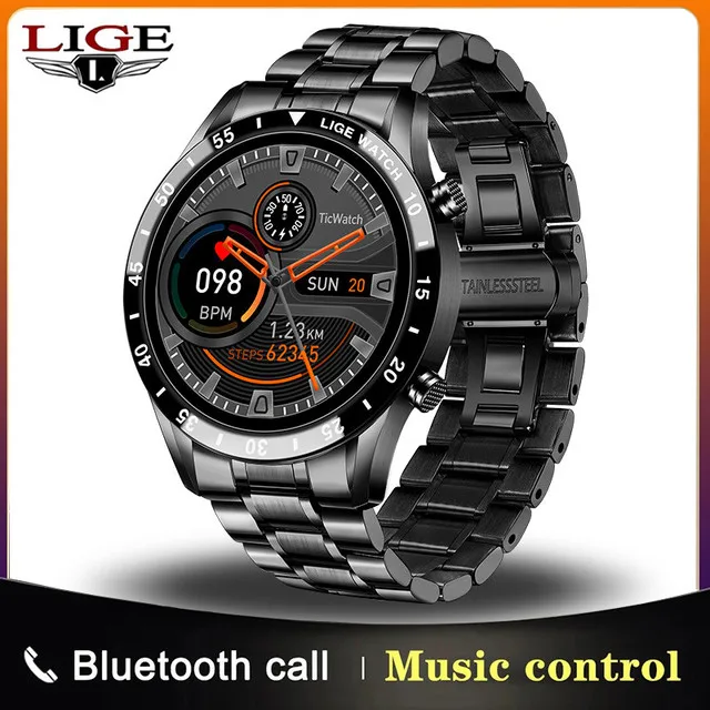 

LIGE 2021 New Smartwatch Luxury Mens Watches Steel Band Fitness Pedometer Blood Pressure Heart Rate Detection Men's Smart Watch