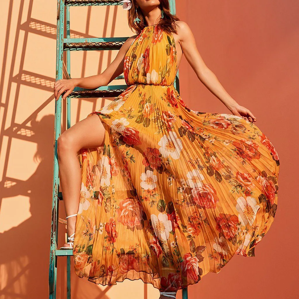 Maxi Robe Sexy Long Bohe Backless Sleeveless Women's Summer Fashion Halter Open Back Floral Pleated Chiffon Party Dress Vestdio 
Maxi Robe Sexy Long Bohe Backless Sleeveless Women's Summer Fashion Halter Open Back Floral Pleated Chiffon Party Dress Vestdio
