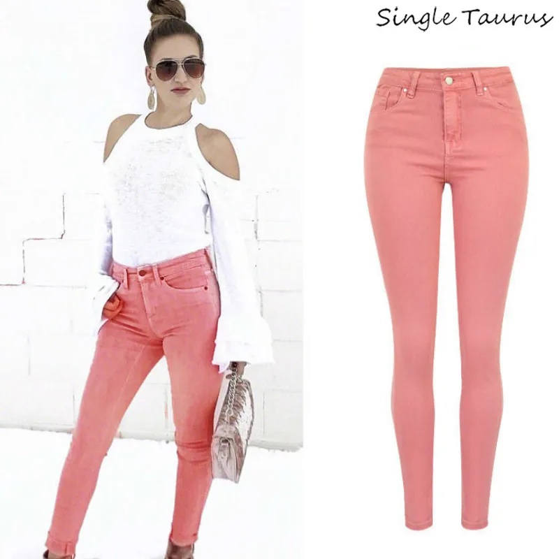 

High Waist Pink Skinny Jeans Women Streetwear England Plus Size Denim Pants Femme Elegantes Lady Pencil Pants Vaqueros Mujer