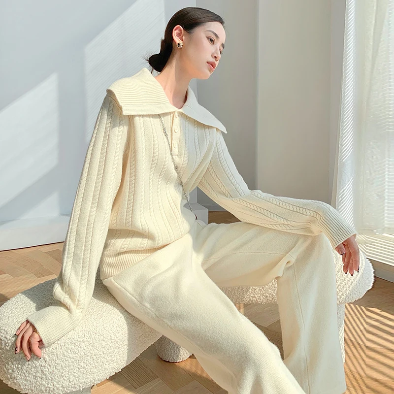 New Autumn Winter Knitted Suit Women Lapel Pullover Sweater + Wide Leg Pants Two Piece Set Casual Loose Tracksuit Fashion
New Autumn Winter Knitted Suit Women Lapel Pullover Sweater + Wide Leg Pants Two Piece Set Casual Loose Tracksuit Fashion