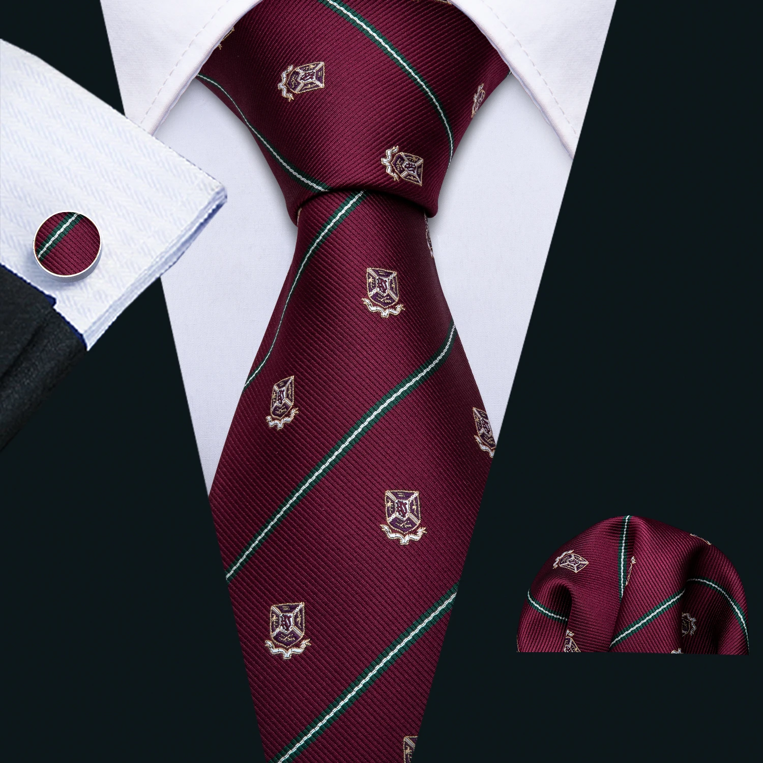 

Barry.Wang Men Red Ties Silk Woven Necktie Stripe Tie Hanky Cufflinks Set Medal Neck Tie for Wedding Business Party Ties FA-5190