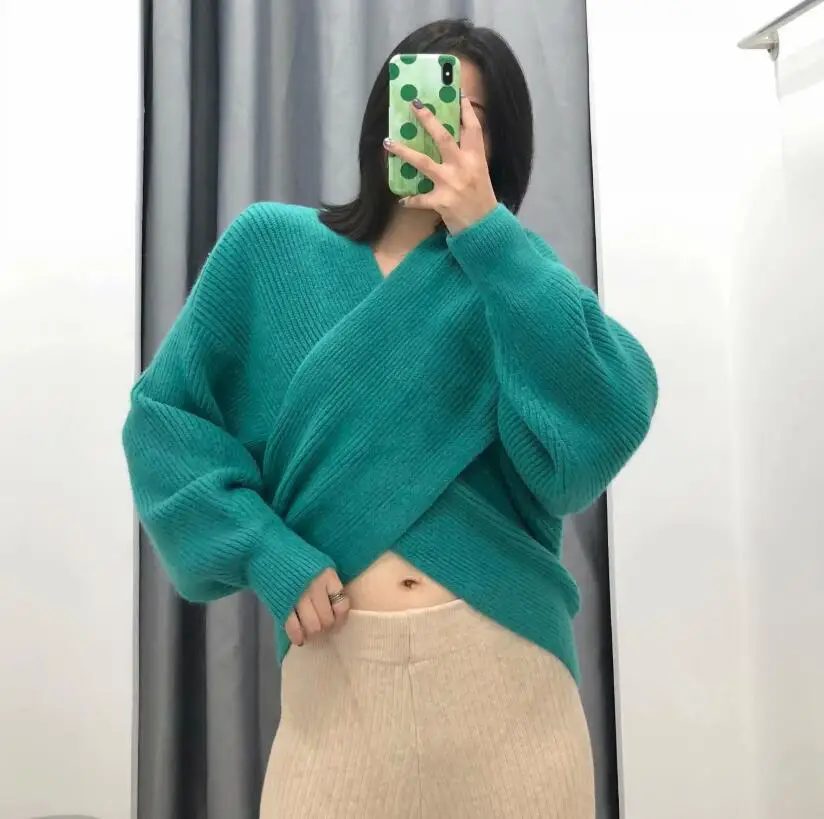

Cotton Sweater Women Pull Femme Plunge Color Blocking Twist Sweater Winter Pullovers Warm Loose Oversized V Neck Green Sexy