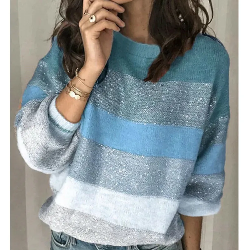 Women Sweaters Autumn Winter Clothes Long sleeve Crew collar Stripes Patchwork Pullover Ladies Sweater Shiny Knitwear Top Female
Women Sweaters Autumn Winter Clothes Long sleeve Crew collar Stripes Patchwork Pullover Ladies Sweater Shiny Knitwear Top Female